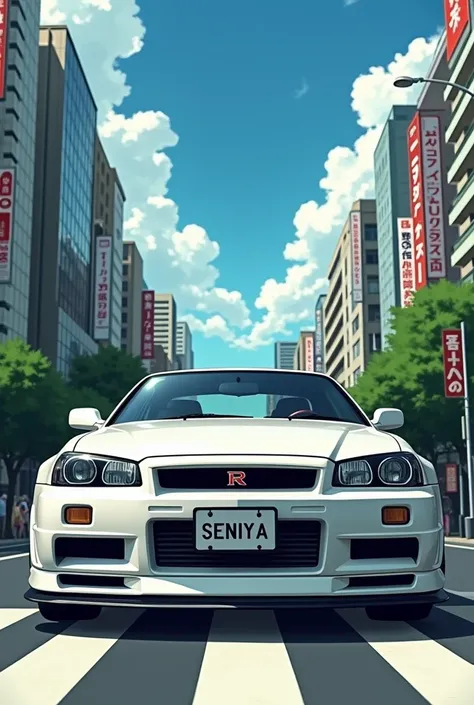 I want a wallpaper where shows Tokyo city a R34 GT-R and Gtr should be white and Tokyo city should have anime look and car should be on Shibuya crossing the number plate name should be Seniya and car should face front with some bodykit add more green to ba...