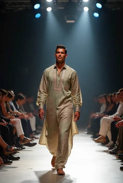 Create hyper realistic image of cristiano Ronaldo showing fashion skills in fashion show doing ramp walk in typical Pakistani dress