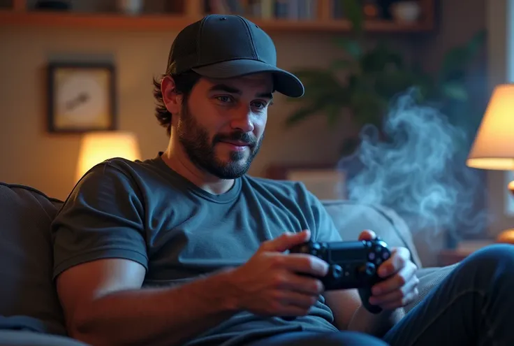 Generate image of a 30-year-old man , with cap,  short hair ,  playing Playstation 5 and smoking joints