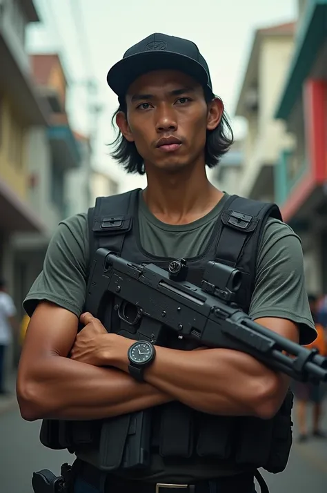 masterpiece,  27-year-old Indonesian man  ,  wearing t-shirt and bulletproof vest ,  wears black hat , holding a rifle AK47, Long hair,  slim athletic body ,  detailed eye view , Indonesia,  about sniper men at war, holding a rifle AK47, holding a rifle, f...