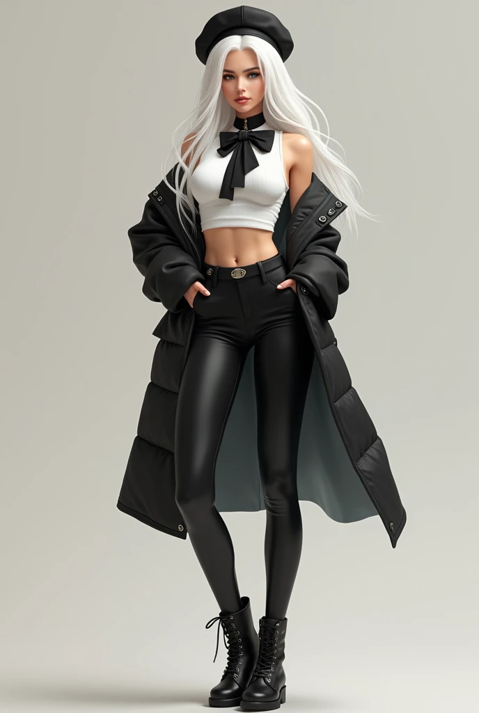 Name:fiona, age:19, female, feature:white long hair, beutiful face, curvy body, cloth:black beret, white sleeveless crop y shirts, black bow tie, black leggings, black boots