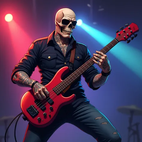 / imagine A bad man with the face of a skull, tattoos, jeans, black shirt,  on a stage, Vibrating, Playing red bass guitar , Rock, Evening, Rock, Contrasting colors, --ar 16:9 --zoom 1 .5 --style cartoon