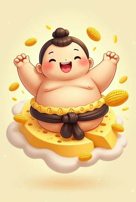 Make a logo cute sumo flying around cheese and corn 