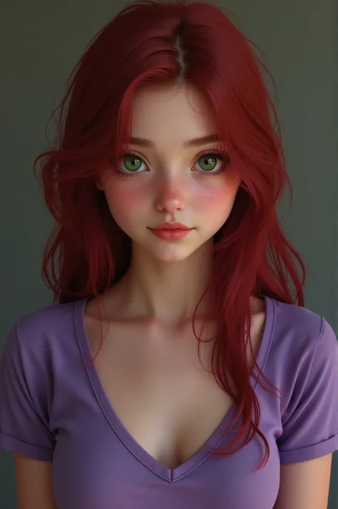 Teenage girl, Dark red hair, green eyes, purple V-neck shirt, round face