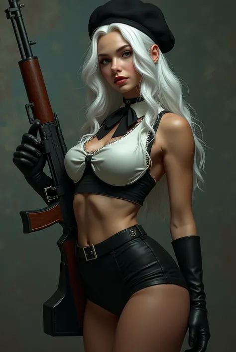 Name:fiona, age:19, female, feature:white long hair, beutiful face, curvy body, cloth:black beret, white sleeveless crop y shirts, black bow tie, black penty, black garter belt, black boots, weapon:stg44