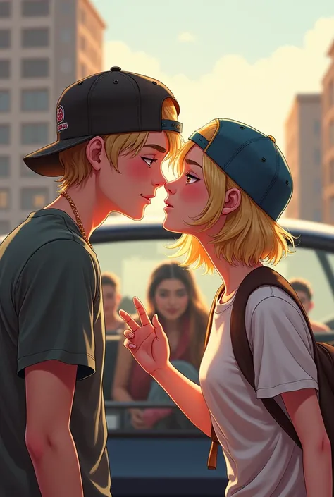 Create a boy with a rappers hat turned backwards he is a short blonde girl who greet each other by brushing their lips outside a car and in the car there are friends but represented at a distance so that they are far away and draws only the shapes