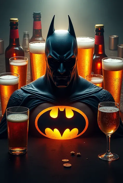  I want you to generate an image for a profile picture of a WhatsApp group, Batman too,  it may be its symbol its symbol but for a group of drinkers  (for a group of drunks ) The name of the group is EL BATICLUB, add more alcohol and drinks to the image