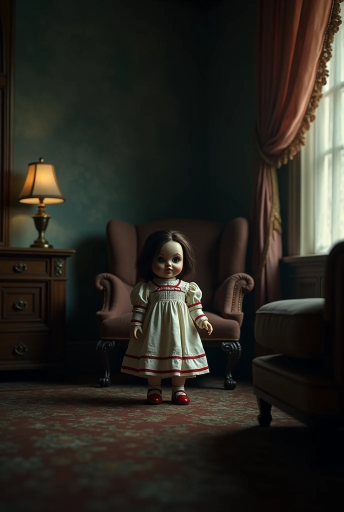 anabelle (Invocation of evil)

Prompt:
"anabelle, The cursed doll , With a face ,  but a sinister demonic expression . She is small, with dark brown hair,  wearing an old-fashioned white dress with red details . Her face is delicate ,  but there is somethi...