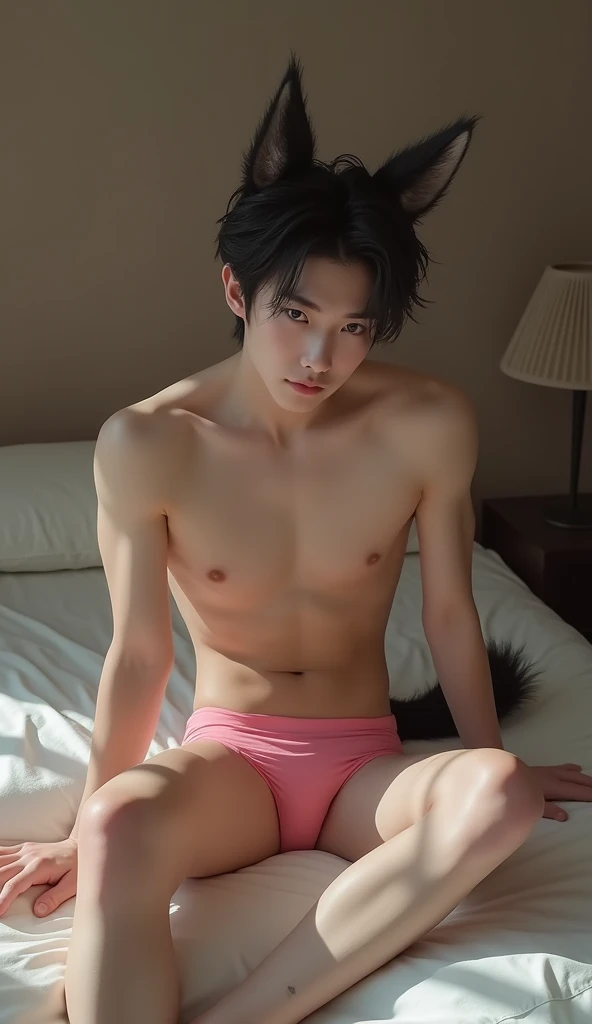 18yo. Hot eastasia boy in sexy underwear laying in bed, White skin,มองที่ผู้ชม, Lie Lie down with your legs spread open., Thin and small ,pink underwear,, Big eyes,หูสัตว์, tail