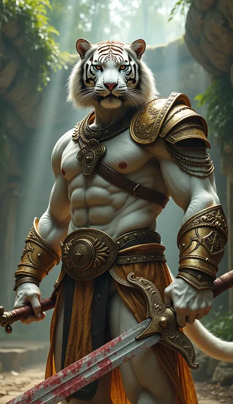 A white tiger with intense, piercing eyes, its muscular humanoid body clad in golden armor and blood-stained gladiator gear. He holds a massive broadsword, with an ancient jungle arena in the background, vines hanging from the stone walls and beams of ligh...