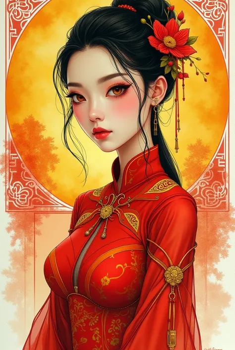 An art nouveau style watercolor image of a slender young woman from China in a futuristic sci-fi red and yellow outfit. 3/4 Portrait. Druillet style. Enki Bilal. Mesmerizing look. Ornamental chinese sci-fi background. 