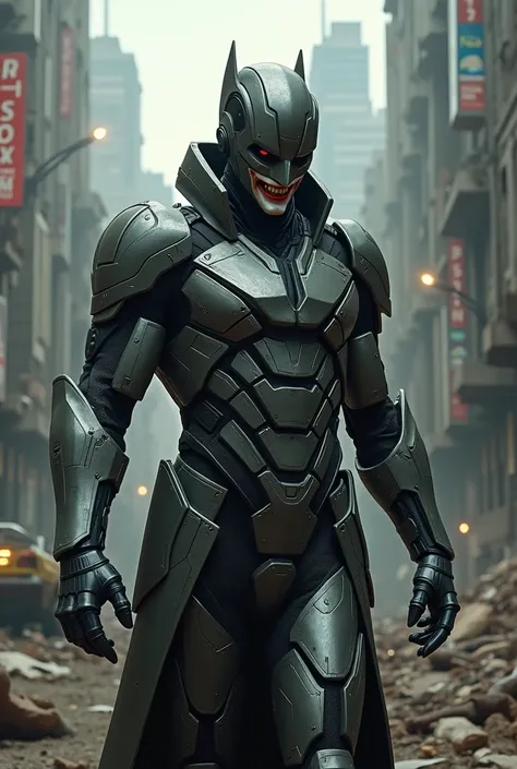 Joker with a futuristic armor in a post-apocalyptic city 