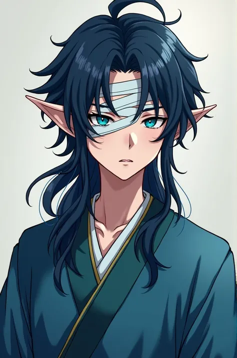 Young male elf .  Right side of face and right ear bandaged.  Long dark blue hair and turquoise eye .  wears blue Japanese clothes . (full-body image)