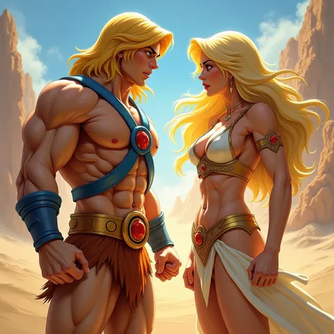 Fight between He-man and She-Ra in a desert Blonde Hair, High Resolution, Large breasts, Angry, Best Quality, Anatomically Correct, Masterpiece, 