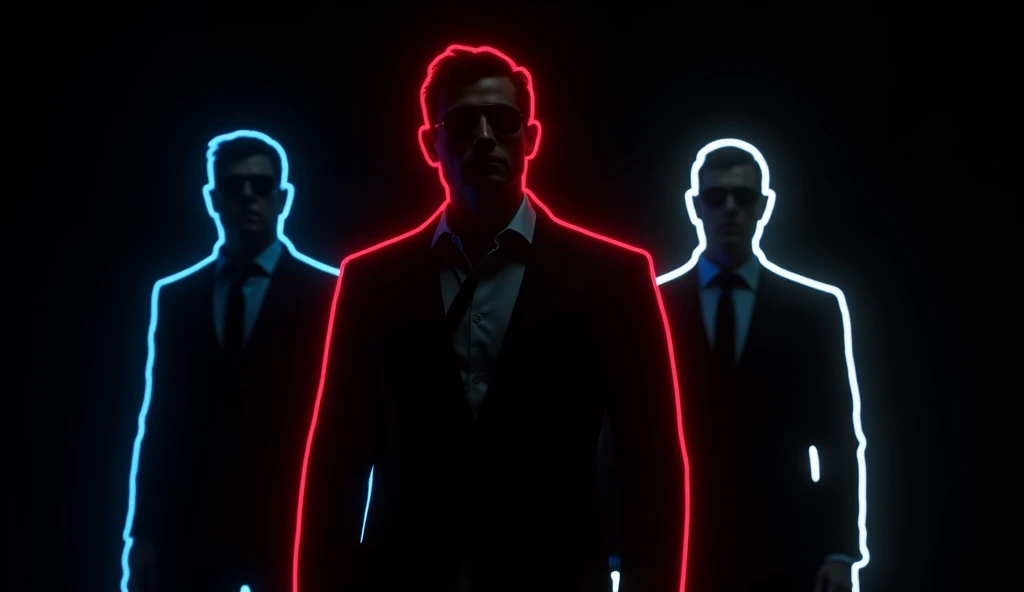 (( black background )), three silhouettes of unknown men , ((The one in the middle outlined in neon red the leader,  the one on the left outlined with neon blue and the one on the right outlined with neon white)),  (elegant clothes) , ((Neon line )), ( not...