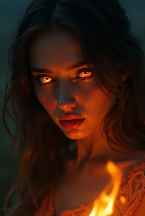 Woman with flames reflected in her eyes.
