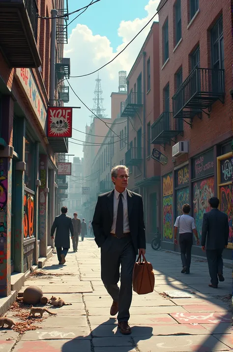 Image of a man walking down a street with graffiti on the walls