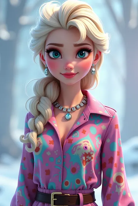 Disney princess elsa in print shirt and pant.wearing earring and necklace