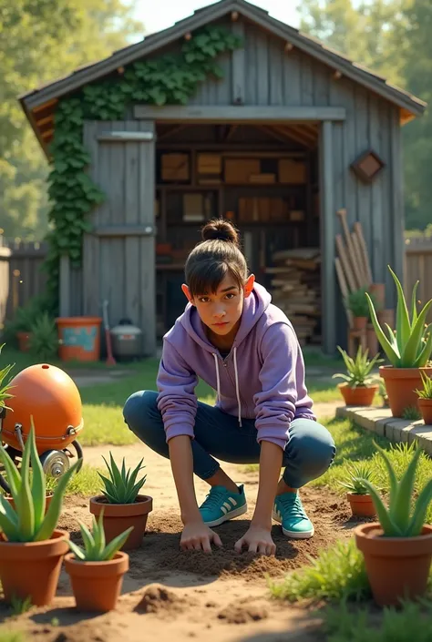 Man squats in the garden and plants aloe vera in lots of terracotta flower pots,  next to him is a small mound of earth ,  an orange concrete mixer ,  behind him a gray barn with a flat roof and ivy with an open front and lots of tools and stacks of wood a...