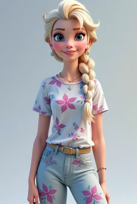 Disney princess elsa full body in print shirt and pant.wearing earring and necklace