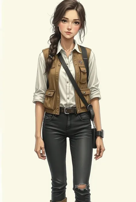 Create a character for the game, in a style as if drawn with a pencil, with a pen, etc., girl exporer in a white shirt, brown yolk,, and black pants