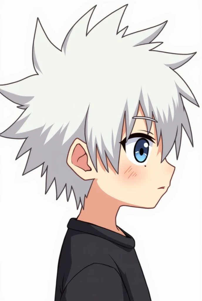 A chibi profile picture featuring a boy with white hair, eyes similar to that of pain character from the anime Naruto Shippuden He must be wearing a black shirt and the image must show his face, neck and part of his shoulders .