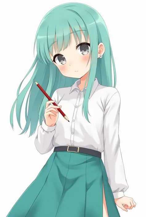 A girl with straight, turquoise hair up to her shoulders, loose hair. A round, one silver earring in the right ear. Gray, soft eyes. In a white shirt. In a turquoise skirt there is a pencil with a cutout on the right. And a dark gray belt.  Anime style. Cu...