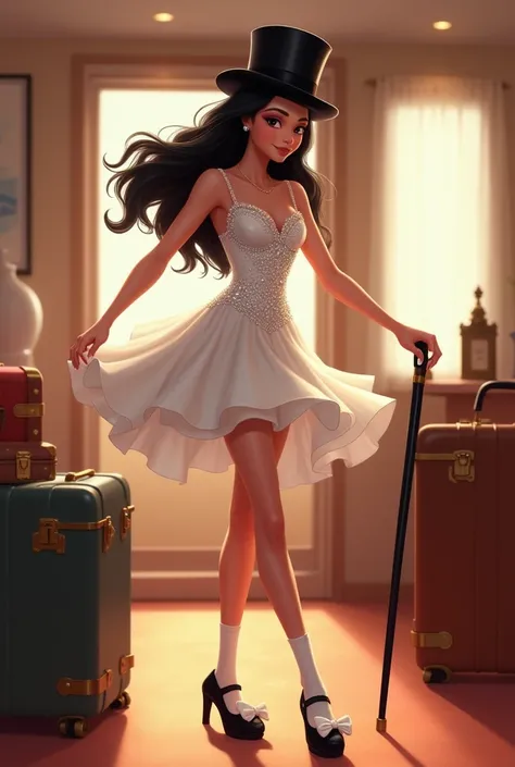 Beautiful Girl in her 20’s long beautiful wavy black hair, suitcases in the back of cruise ship room, trying clothes. Wearing strap white rhinestone short dress. Pixar, black Mary Jane tap shoes, with white socks, while tap dancing, white bows on the front...