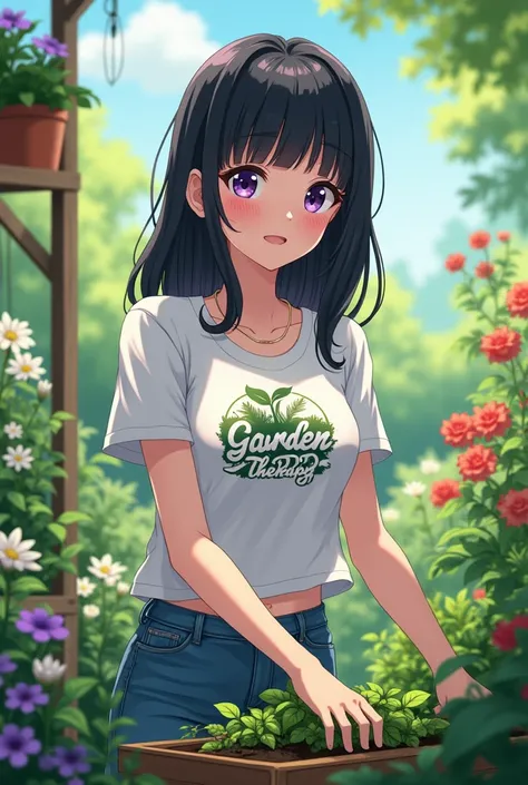 (anime) Black haired woman, purple eyes working in the garden with their garden ,  with jeans and t-shirt with the garden therapy sign. About 28 years old .  Breasts not so exaggerated and slender.
