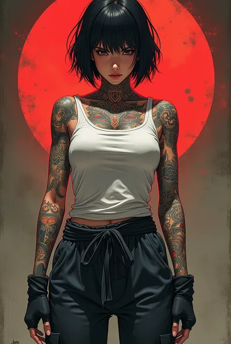  Woman with several yakuza tattoos, sleeveless t-shirt,  loose fabric pants ,  semi-short hair , with mittens , anime