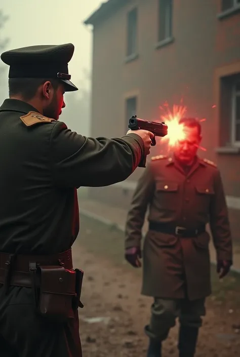 A nazi soldier shooting a jew (blood brutally)