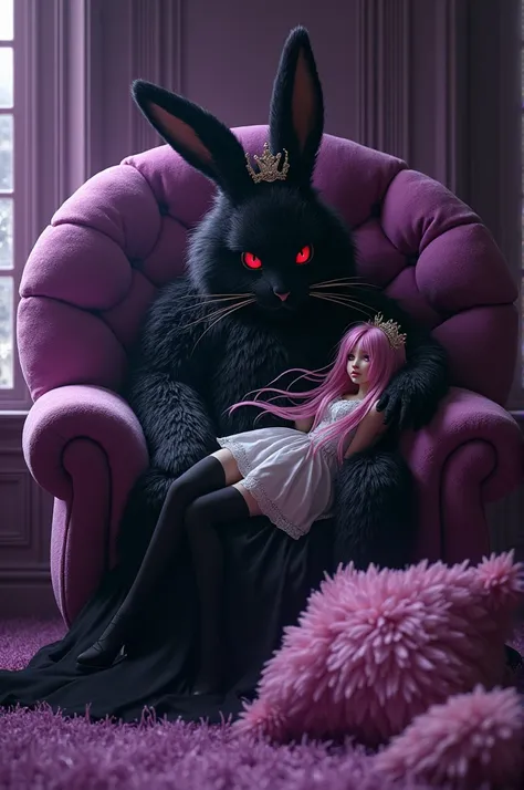 In an all dark purple bedroom a giant evil goth rabbit queen with thick soft black fur red eyes and a small crown is sitting on a giant  chair made of purple fur and resting her legs on a pink fluffy footrest laying on her lap is a maid with long pink hair...