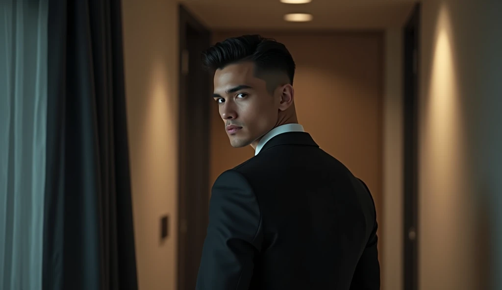 a handsome young adult man with short black hair with a slickback haircut in a suit, entering his minimal modern apartment through the door, ((facing backward)), realistic details, beautiful lighting, high quality, photorealistic, cinematic, dramatic, intr...