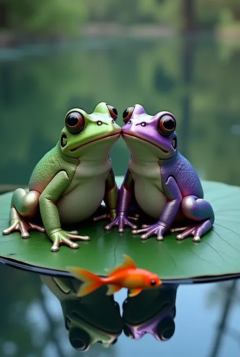 Green frog with a metallic shade together with a purple frog with a metallic shade on a leaf in the lake they observe a goldfish in the water