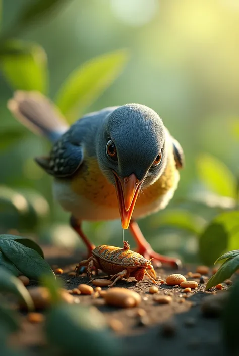 A detailed and vibrant illustration of a bird eating a cricket, photorealistic, masterpiece, 8k, highly detailed, intricate feathers, sharp focus, dynamic pose, lush greenery background, sunlight filtering through leaves, vivid colors, natural lighting, re...