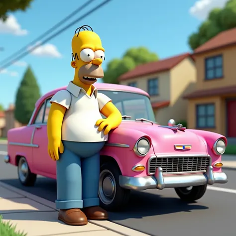 Create a detailed 3D animated-style image of Homer Simpson standing next to his iconic car, the pink sedan, from The Simpsons. Homer is depicted in his classic outfit: a white shirt, blue pants, and brown shoes, with a cheerful yet slightly bewildered expr...