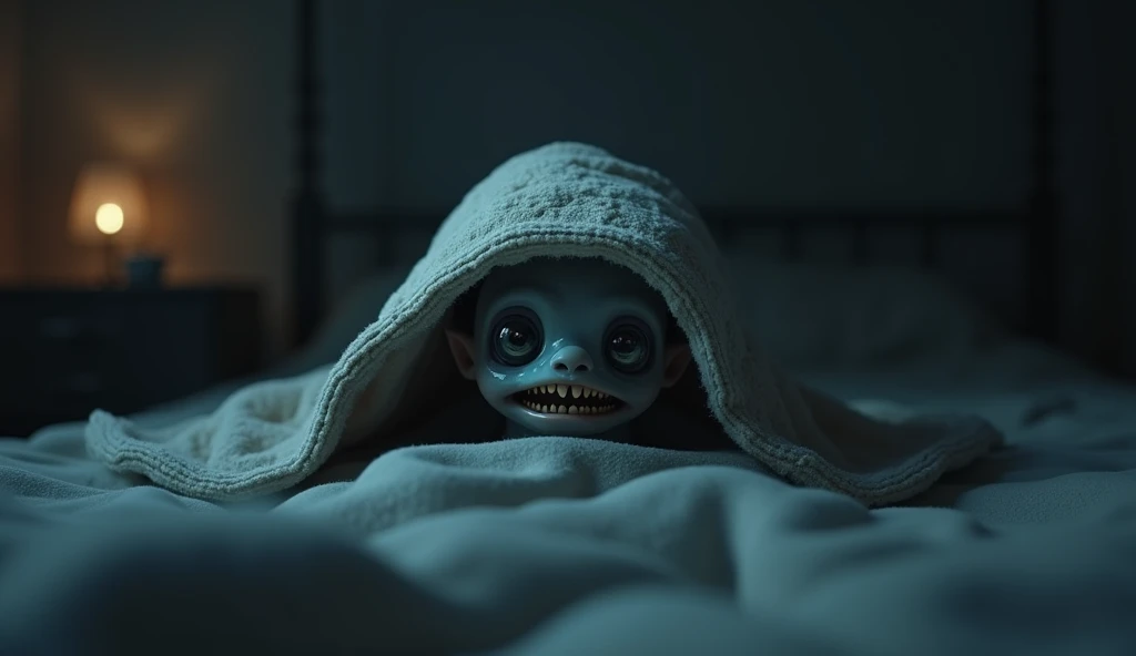 cute monster, under your blanket, horror vibe, dramatic lighting, detailed, best composition, fantasy, dark shadows, chiaroscuro, cinematic, atmospheric, unsettling, eerie, sinister, haunting, moody, dramatic, intense, photorealistic, hyperrealistic, (best...