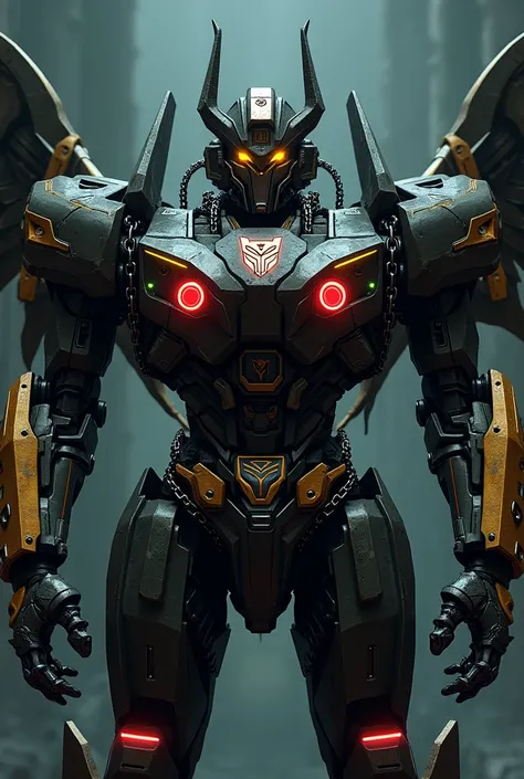 A mecha transformer character with simple design, dark gray and black colored body, a chains on his arms, a thorns on his shoulders, broken face, two circle red neon lights on his chestplate, edgy shoulders, dark gray and black colors on big cybertronian h...