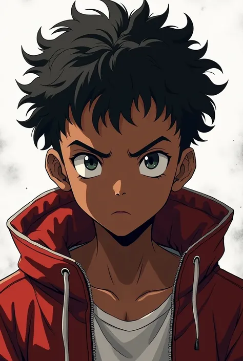 Create a black skinned male anime character ,  with a slum haircut on a basic background .
simpler, mas marcante e  curly hair ,  curly hair , Generate a variation of this