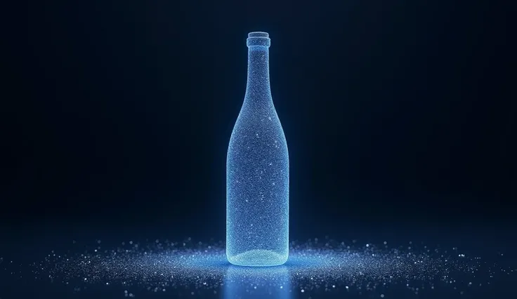  Create a picture of a glitter wine bottle .
 It should look like dust and lie on a dark monochrome base in dark blue .  It should represent the shape of the wine bottle and become finer and less on the outside. But just enter the glitter ,  as it shouldnt...