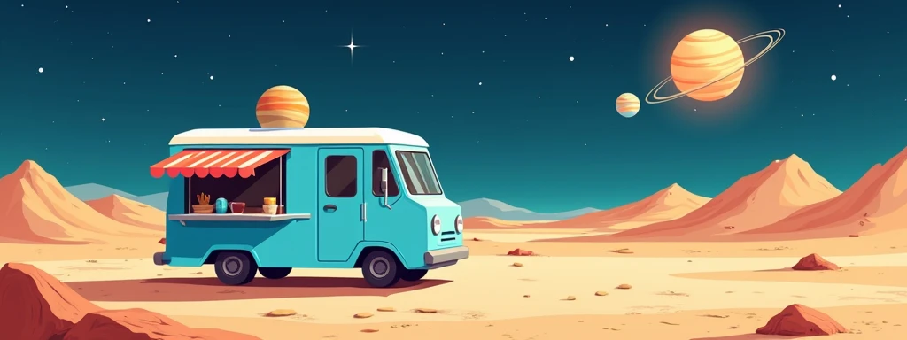  place main picture from right and place for logo from left Minimalistic and colorful illustration art style, featuring a blue retro-style coffee food truck driving on a lunar surface. The background includes craters, a detailed moon terrain, and a starry ...