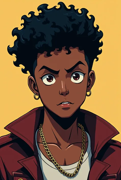 Create a black skinned male anime character ,  with a slum haircut on a basic background .
simpler, mas marcante e  curly hair ,  curly hair , Generate a variation 