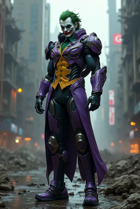 Futuristic armored joker in a post-apocalyptic city 