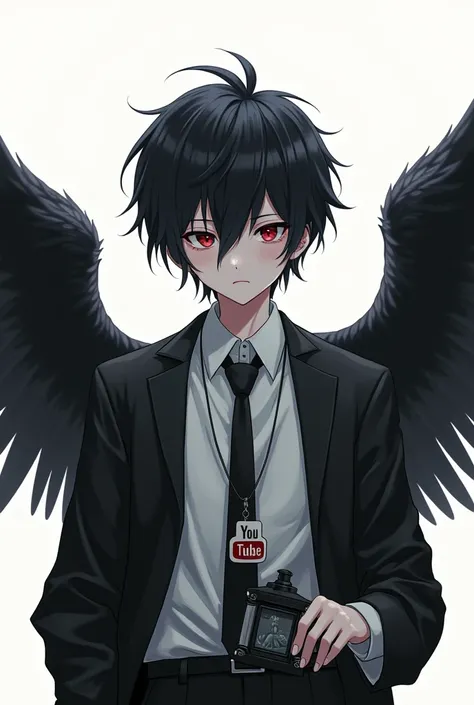  He&#39;s an anime boy, with messy black hair,  with pale skin , with wings one white and one black, with a white shirt and a black tie and a black emo jacket with long sleeves, with a YouTube badge necklace, and with an embalmer in his right hand,  white ...