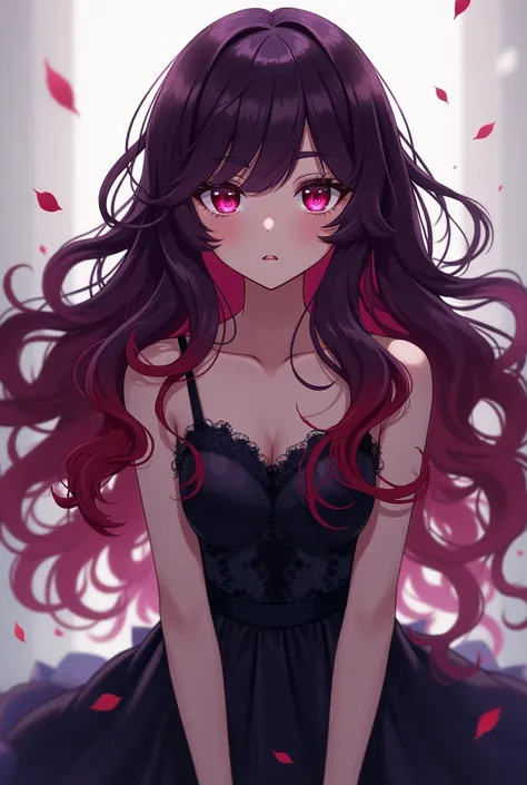 red long  wavy hair a mixture of dark 

purple and dark red eye color 
 bright face black 
 dress a little moere realist like anime drawing 