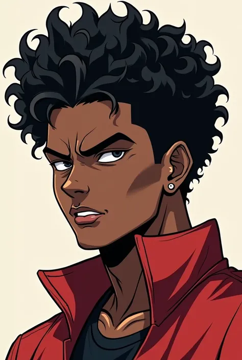 Create a black skinned male anime character ,  with a slum haircut on a basic background .
simpler, mas marcante e  curly hair ,  curly hair , Generate a variation 