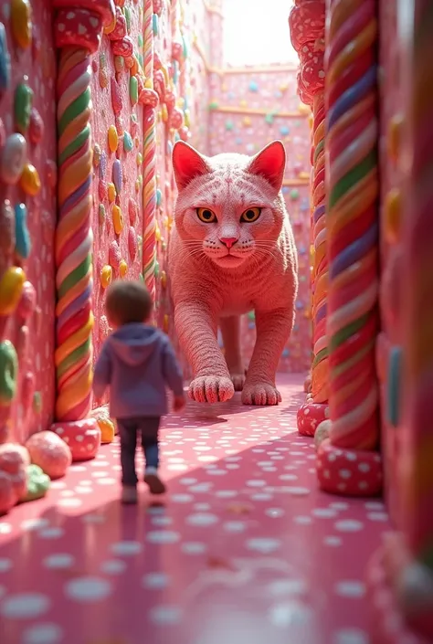 first person perspective, candy maze, hallway with a killer cat made of candy