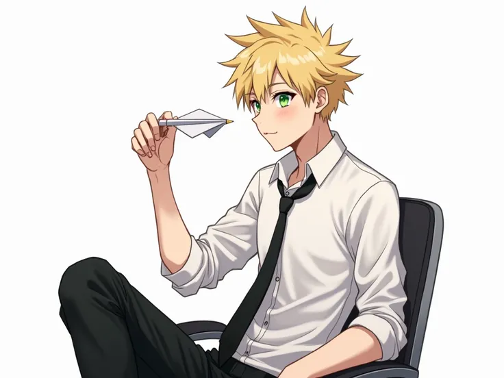 anime man,  green eyes ,  ulybka,  beautiful , High,  the white shirt ,  black pants , black tie,  stylish hairstyle , blond, hair like a hedgehog,   pencil with his lips on a white background, plays with a paper airplane and sits on an office chair 