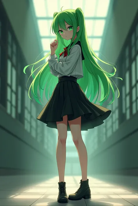 Anime AI girl High school student black skirt standing black shoes 32k High quality entière body long green hair cc code geass breast