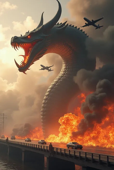 Create a giant snake throwing fire through its mouth with huge horns on a bridge with several planes nearby and cars on fire